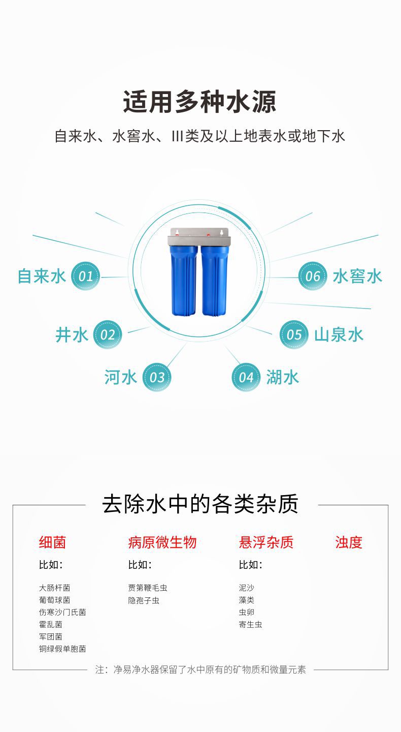 凈易全屋中央前置過濾器可用于農(nóng)村飲水凈化、山區(qū)水源凈化、雨水/井水等地表水及地下水的凈化