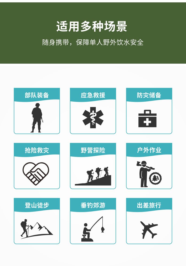 凈易單兵野外便攜式已經(jīng)凈水器應(yīng)用于應(yīng)急救災(zāi)、部隊(duì)裝備、戶外旅游等場(chǎng)合
