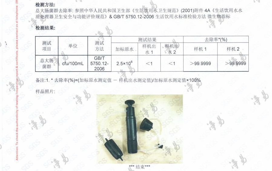 凈易野外便攜式應(yīng)急運動凈水器對總大腸菌群的去除率>99.9999%